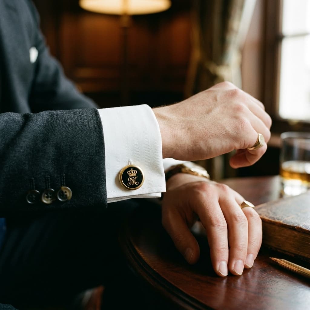 Close-up of luxury gold cufflink on shirt cuff